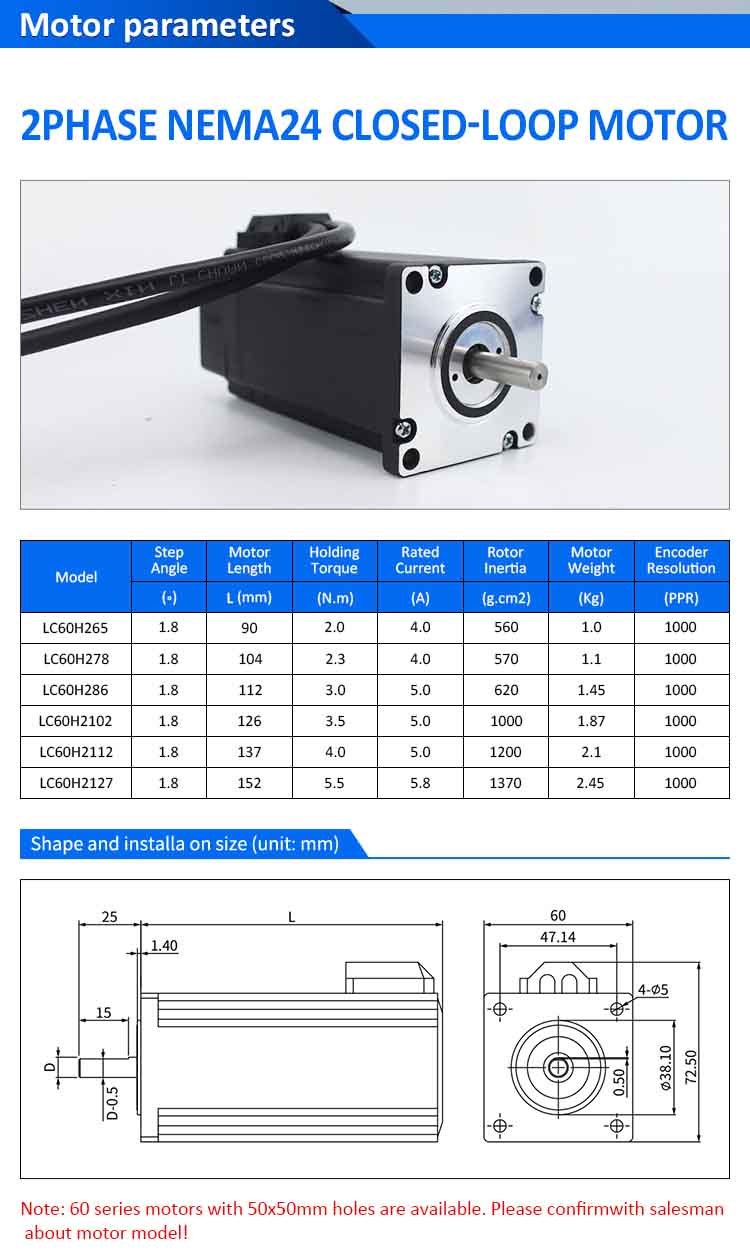 Lichuan 3A DC Closed Loop Stepper Motor Drivers Kit 3.5N.m 2 Phase Nema24 DC24V~50V 4.0/5.0/5.8A 1000PPR