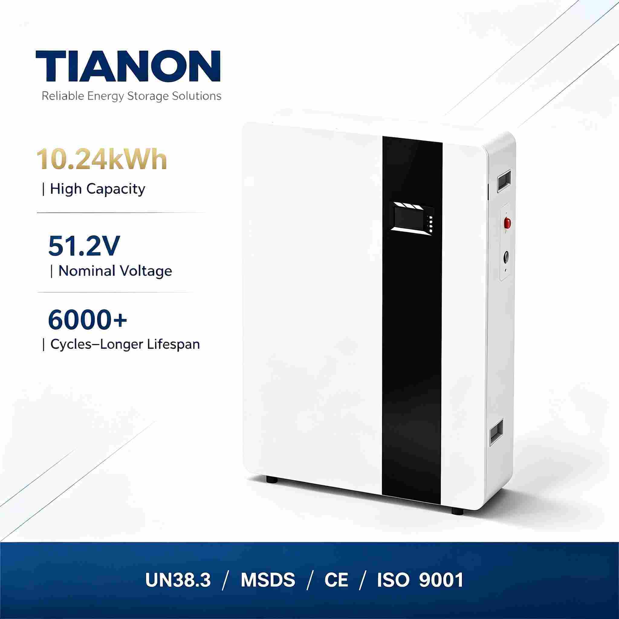 51.2V 100Ah 200Ah Wall Mounted LiFePO4 Solar Battery Home Energy Storage System - Tianon