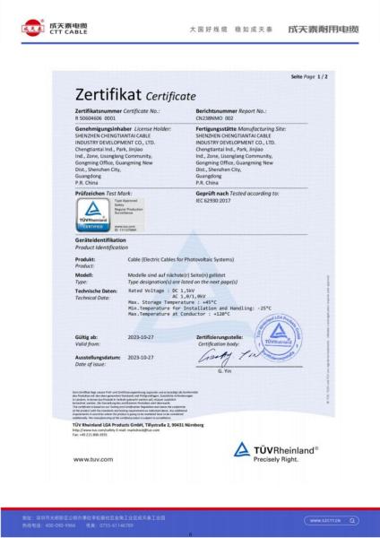 1000V IEC62930:2017 Solar Power Cable for Photovoltaic Systems