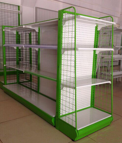 Light Duty Supermarket Gondola Shelving / Pharmacy Display Rack Metallic Shop Shelving