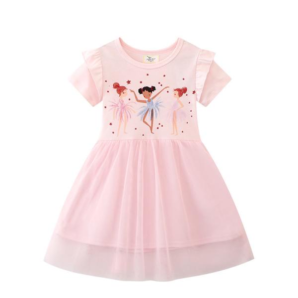 Girls' Pink Dress Summer New Fashion Print Cartoon Design Princess Dress Short Sleeve