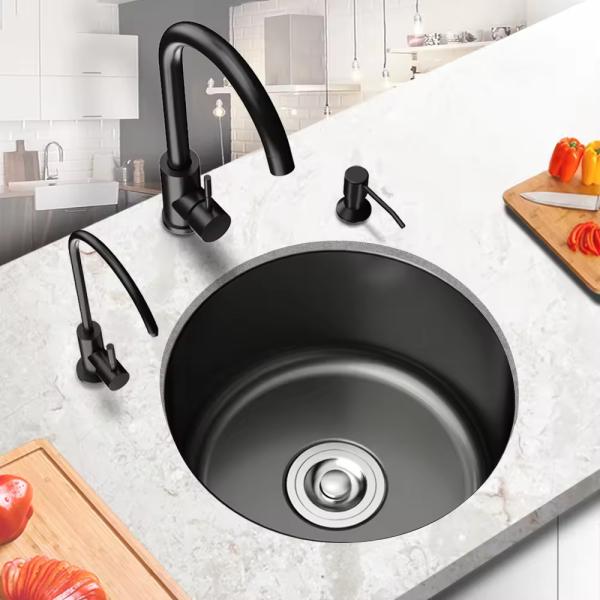 Small Round Kitchen Sink with Single Bowl and Mixer Tap Hole in 304 Stainless Steel