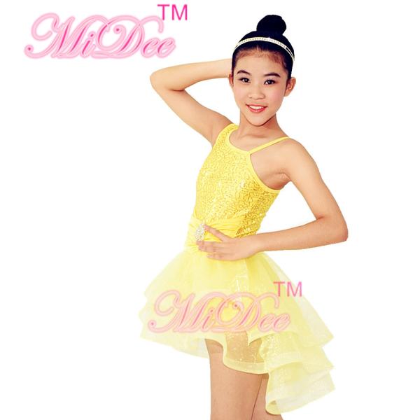 Girls Ballet Costume Front Shorter Back Longer Tulle Skirt Outfit With Rhinestones Trim