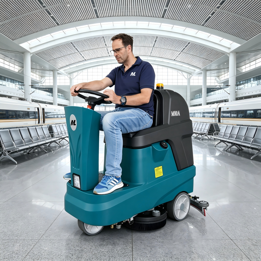 Industrial Ride-on Floor Scrubber 120rpm Brush Speed Powerful Suction 400W Large Capacity Tanks