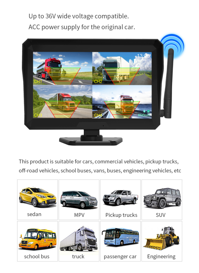 HD Digital Wireless Camera Monitor System with 10 Inch 4 Split Screen Solar Magnetic Camera for Large Vehicles