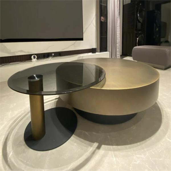 Tempered Glass Gold Metal Round Coffee Table Contemporary Drum Shape