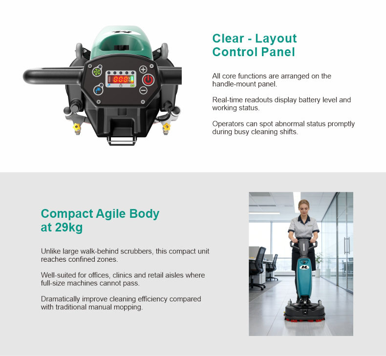 Compact Walk-Behind Floor Scrubber Dual 250MM Brushes 80 Mins Runtime