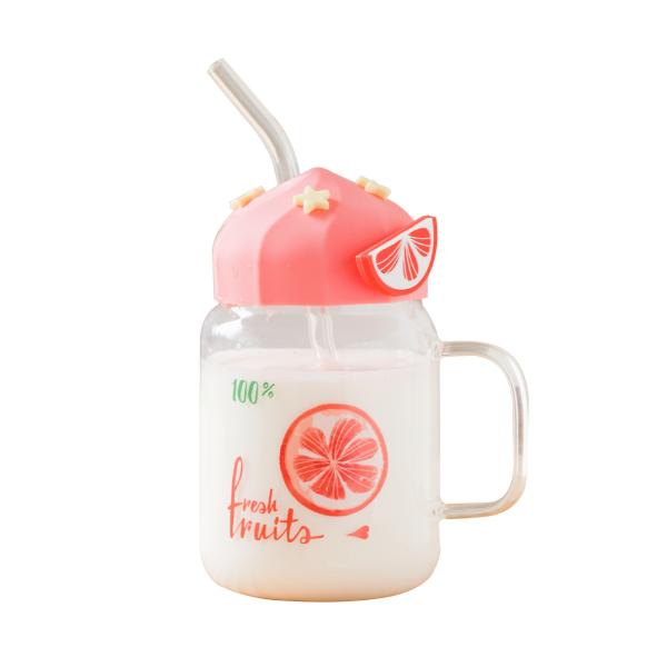 Summer Transparent Fruit High-temperature Glass Cup Cute Large-capacity Covered Straw Student Girls' Milk Breakfast Cup