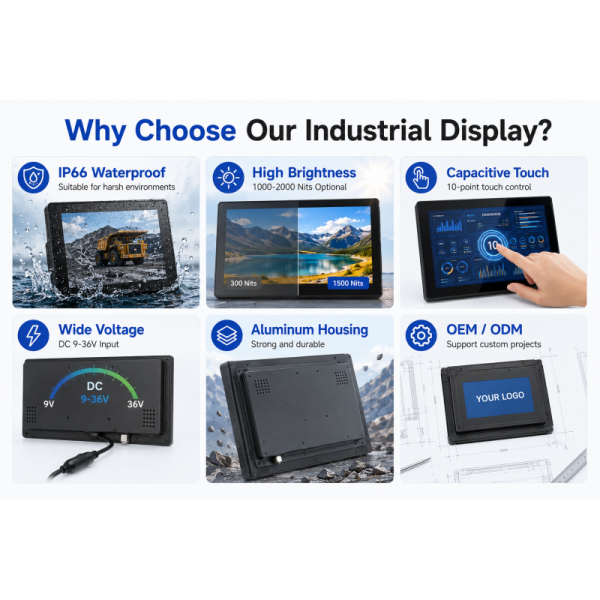 10.1 Inch Industrial Touch Monitor IP66 Waterproof High Brightness 1000-2000 Nits HDMI LCD Display