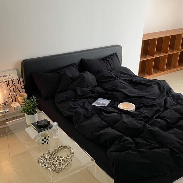 1.2m 4 feet King-Size Bedding Set in Solid Black Washed Cotton with Matching Curtains