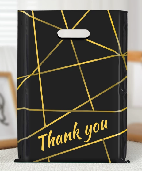 Colorful Printed PE Die‑Cut Handle Bag, Thank You Plastic Shopping Bag, Custom Printed Retail Merchandise Packaging Bag for Boutique, Gift & Apparel