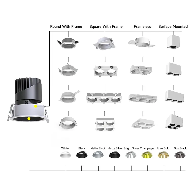 High CRI90 Eye Protection LED Recessed Ceiling Down Light, Frameless Design 15W COB Spot Light for Commercial & Residential Home Lighting