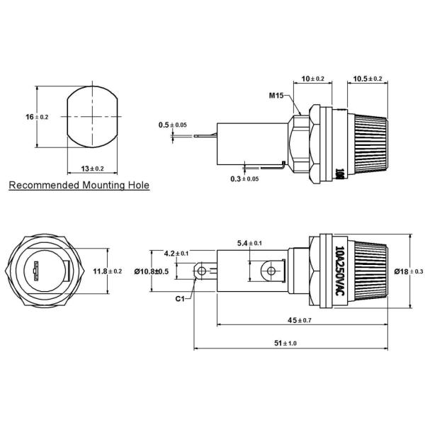 SL602 Nut de montaje AC 250V 6mm X 30mm 10 Amp Panel montaje de fusible soporte de tornillo negro tapa