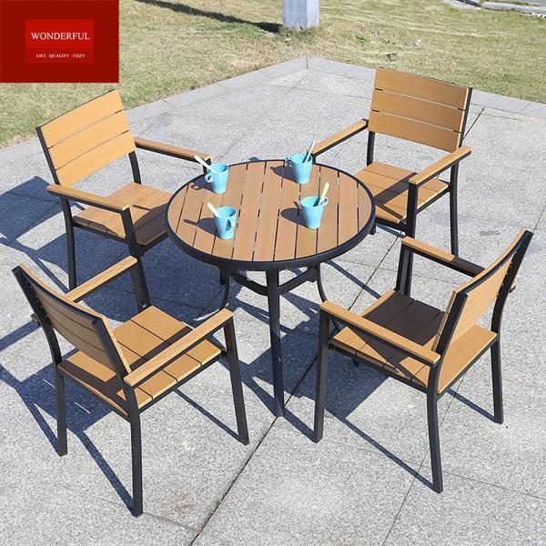 Outdoor Yard Wood Furniture in Black Aluminum Frame with Yellow Plastic Wood Table Set