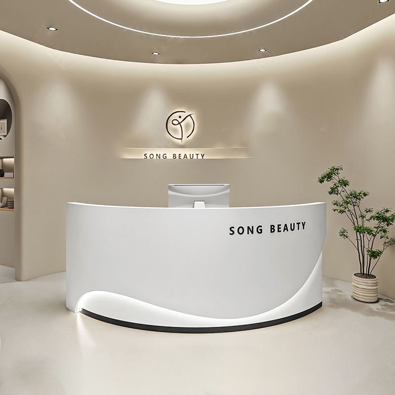 Reception Desk with Marble-effect Veneer Premium Cashier Counter with LED Ambient Lighting for Jewelry Shop Counter