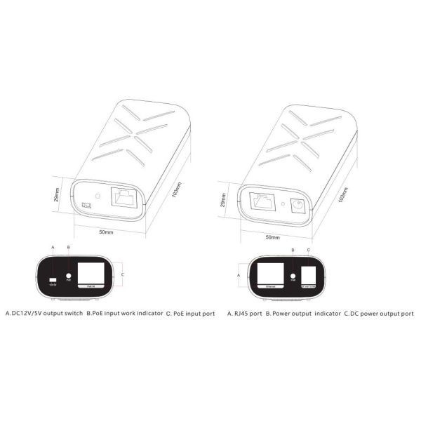 Gigabit PoE splitter with Gigabit speed adaptive IEEE802.3 af/at compliant and 5V/12V output voltage selector
