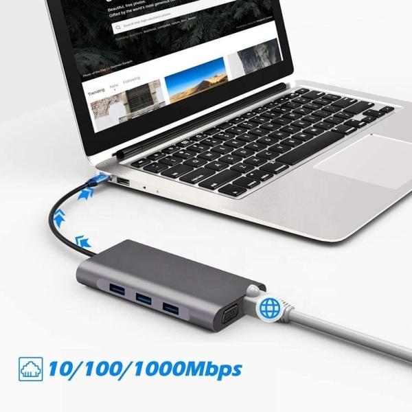 USB C type C Hub type-C à USB 3.0 HDMI VGA RJ45 Lan SD TF Audio USB gris Adaptateur multiport