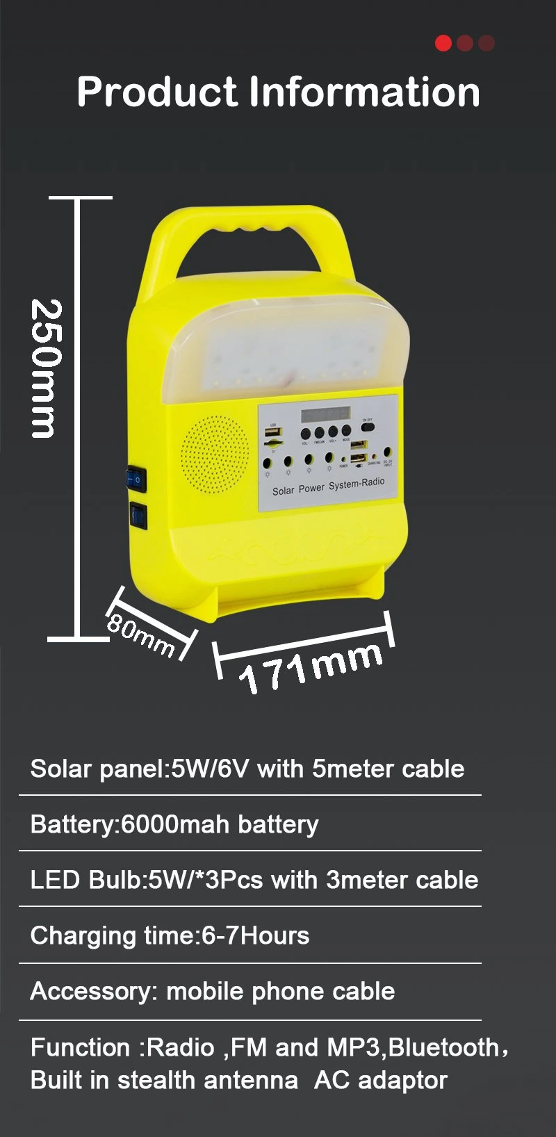 6000Mah осветительная установка 250mm батареи 6V солнечная домашняя с радио Bluetooth MP3