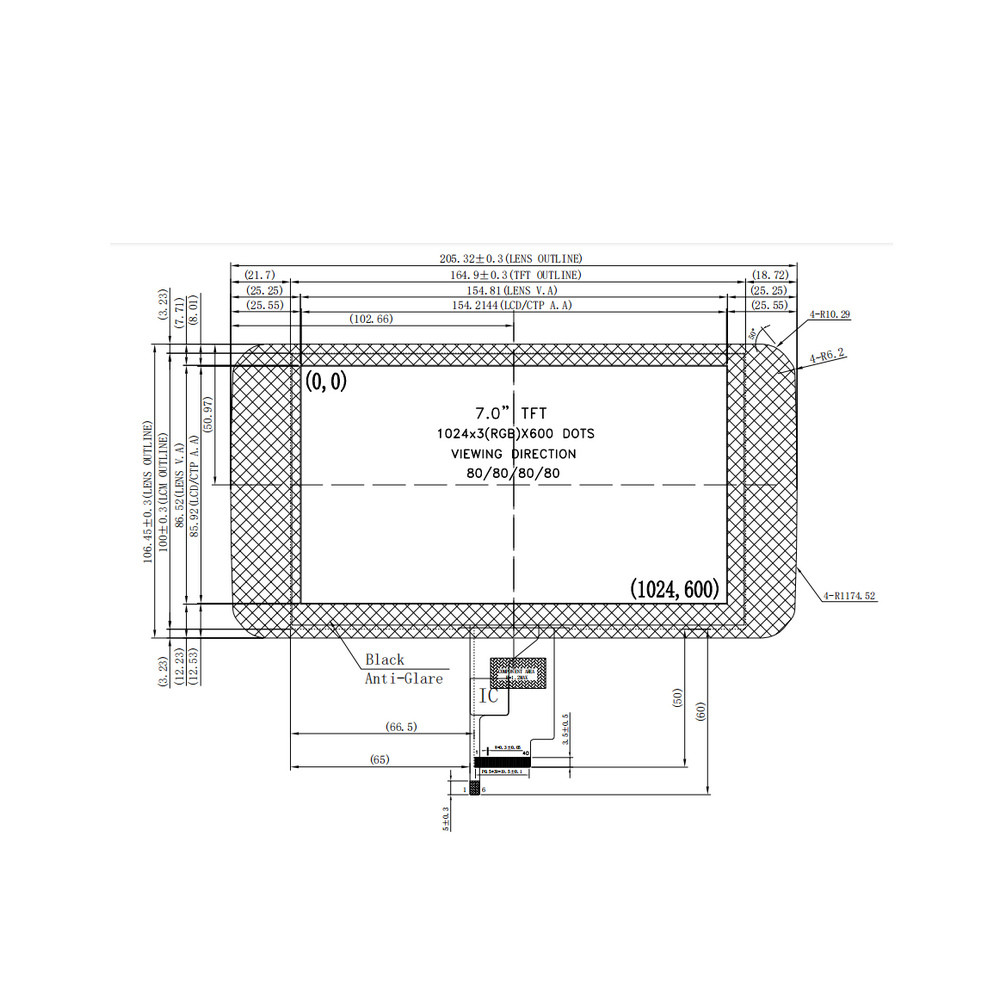 дисплей сенсорного экрана 1000cd/m2 LCD подгонял пикселы IPS Tft 7 дюймов 1024*600