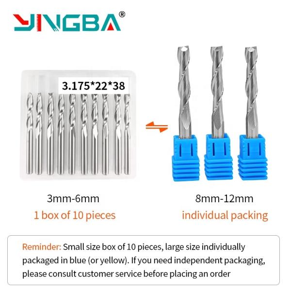 Yingba Dos flautas Corte de fresado de extremo Trabajo de la madera Corte de espiral máquina de grabado Herramienta de máquina de routers CNC Herramientas