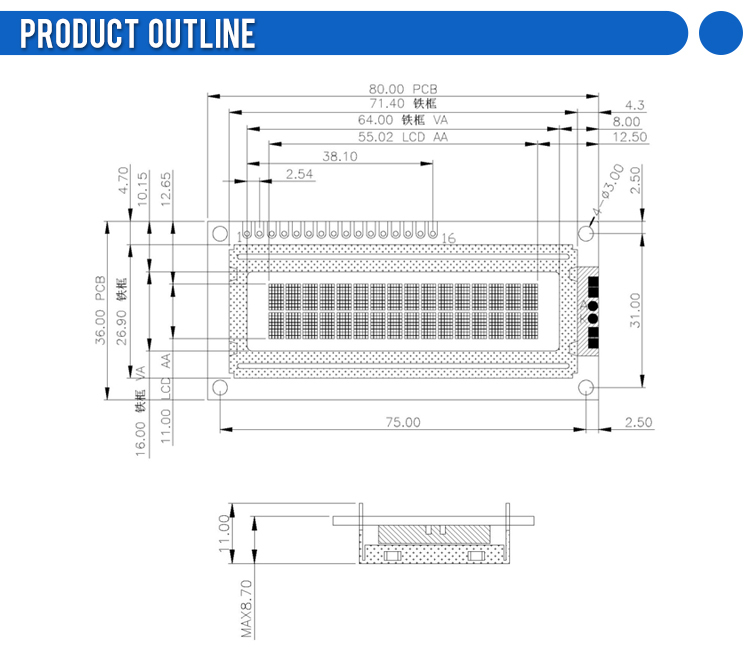 Russian Yellow Green Film 1602W 3.3V Liquid Crystal Display STN High Frame 12MM Graphic Dot Matrix Module