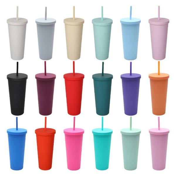 710ml de doble pared de plástico de tumbler a granel reutilizable delgado 24 oz de acrílico tumbler con tapa y paja para el agua café helado té fin de tacto suave