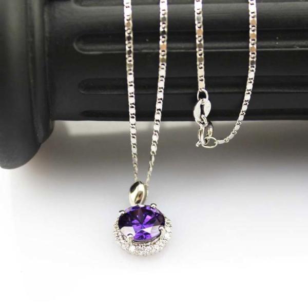 Fine Silver Jewelry Round Amethyst  Cubic Zircon Pendant Necklace (PSJ0413)