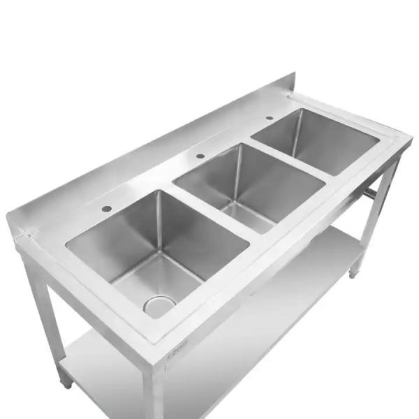 Mesas de trabalho de aço inoxidável de tripla tigela com lavatório / Mesa de SS com lavatório