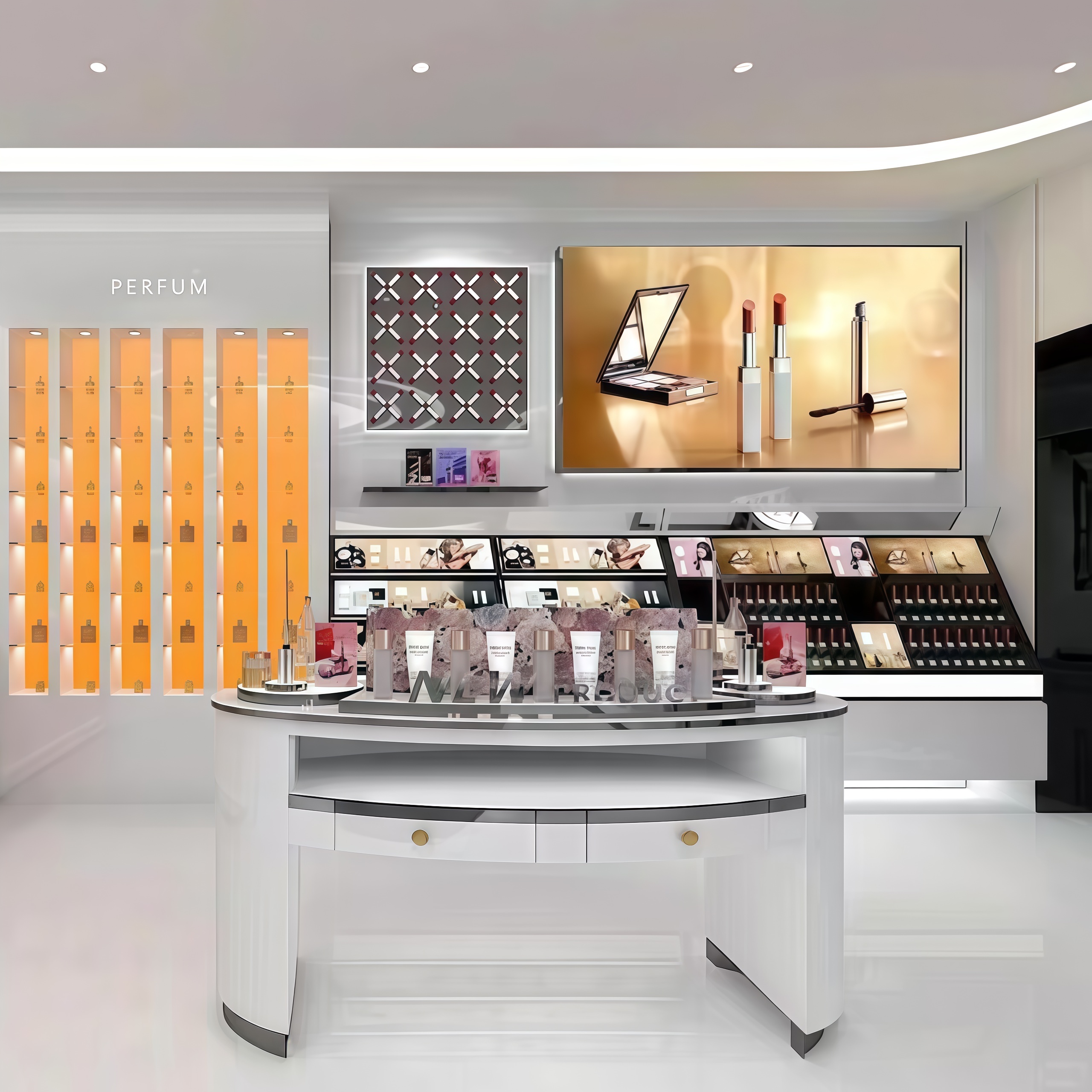 High End LED Makeup Shelves Beauty Gondola Display Rack With Mirror Shop Interior Desig Cosmetic Store.