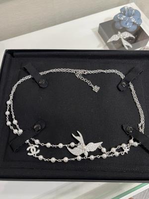 Silver Bird Crystal Pearl Necklace With Double C Design 90-100cm Adjustable Length