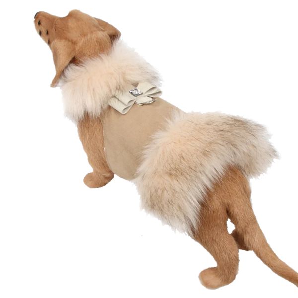 Platinum Glitzerati Bow Soft Silver Faux Suede Faux Fox Fur Dog Coat
