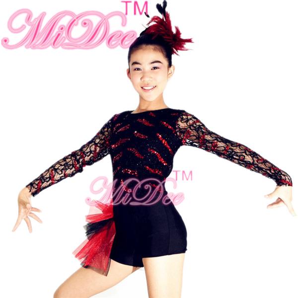 Adult Jazz Costumes Sequined Lace Long Sleeve Leotard Shorts With Side Suttles