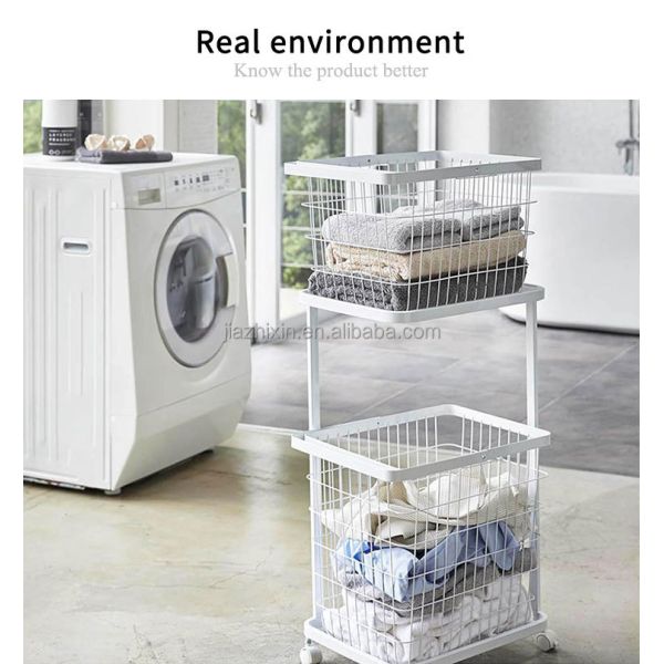 Bathroom Metal Wire Frame Layered Organization Rack 2 Tier With Wheels Dirty Clothes Basket Removable Laundry Storage Cart