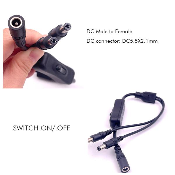 12v Splitter 1 féminin à 2 mâles prise CC 5,5x2,1 mm sur et hors câble de câble de commutateur pour lampe à LED
