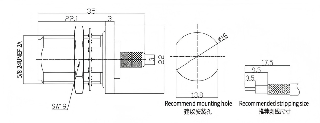 N-C-KY-3 N Type Female Straight Bulkhead Crimp Jack RF Coaxial Connector 50Ω Gold-plated Brass IP67 Waterproof