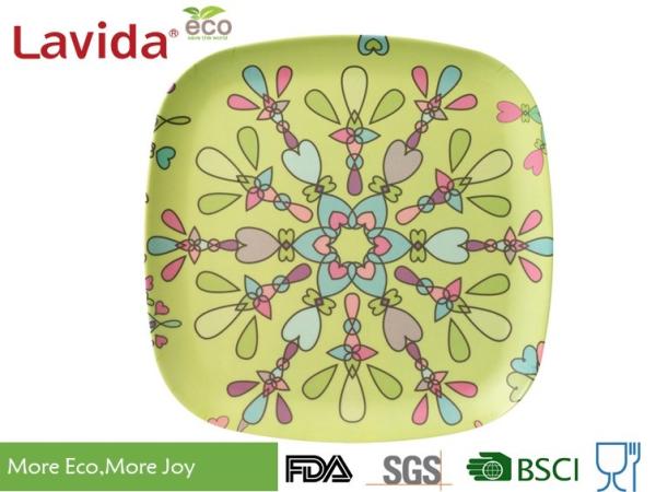 LFGB CE FDA standards colorful abstract flower style Bamboo Fibre square Food Plate Meal Serving dish
