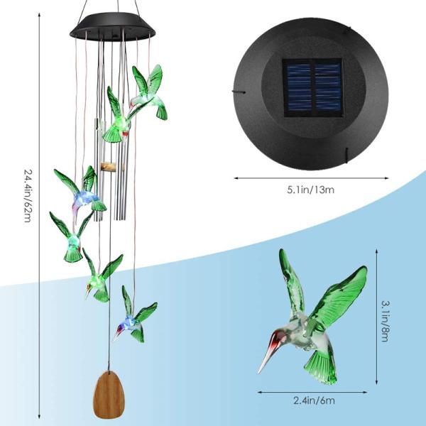 Color Changing Solar Power Wind Chime Hummingbird Butterfly Waterproof Outdoor Christmas Decoration Light for Patio Yard Garden