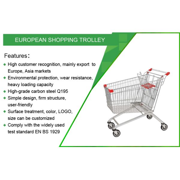 100L European Style Shopping Trolley with CE Certification Metal Supermarket Carts