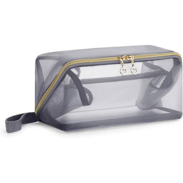 Portable Large Black Mesh Cosmetic Bag Open Flat Organizer Travel Bag For Men Women