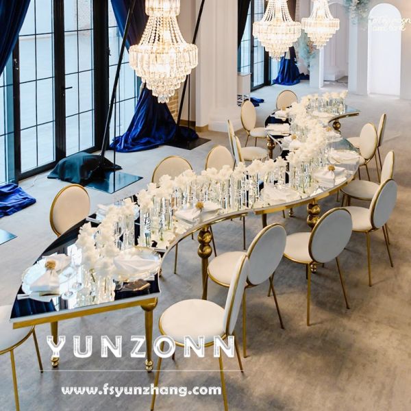 Modern S-Shape Dining Table Chair Set Restaurant Wedding Glass Metal Hotel Furniture for Outdoor Hall Use