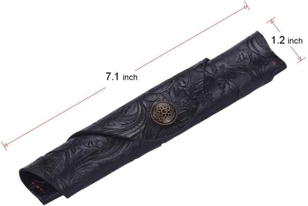 Vintage Handmade Leather Single Pen Case Holder Cowhide Fountain Pen Sleeve Roll Wrap Pen Pouch (Black Carved)