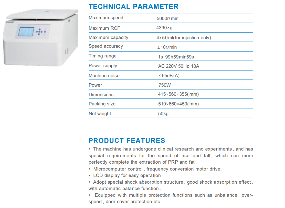 CL-TDL5B Fat Nanofat Transplantation Centrifuge 50ML Injection Fat Extraction 5000rpm Low Speed Centrifuge Beauty Aesthetic Use