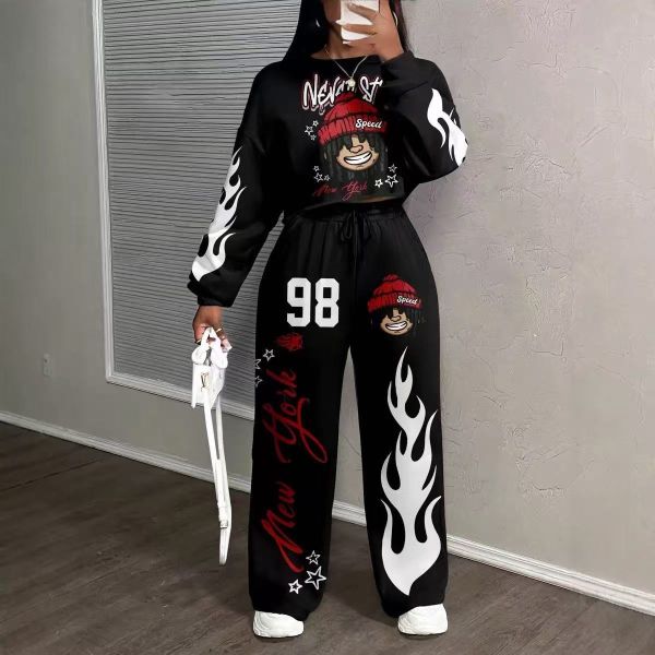 Flame Print Cropped Sweatshirt & Jogger Set with Adjustable Drawstring Waist - Urban Streetwear Tracksuit
