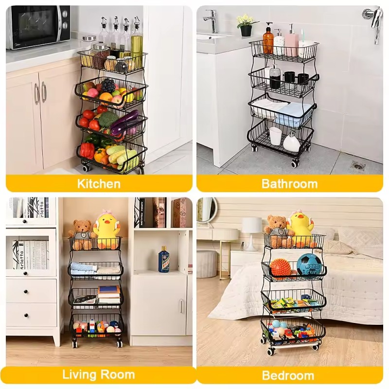 Large Capacity Removable 4 Tier Metal Basket Food Storage Rack Trolley with Non-Slip Feet for Fruit & Vegetable