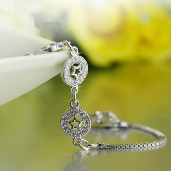 White Gold Plated Sterling Silver Cubic Zircon Start Charm Bracelets (B12281-WHITE)