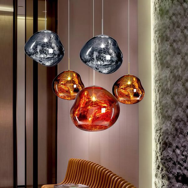 JYLIGHTING Modern Melted Glass Pendant Light, Irregular Shape Swirled Glass Hanging Lamp with Metal Rod for Kitchen Island & Dining Room