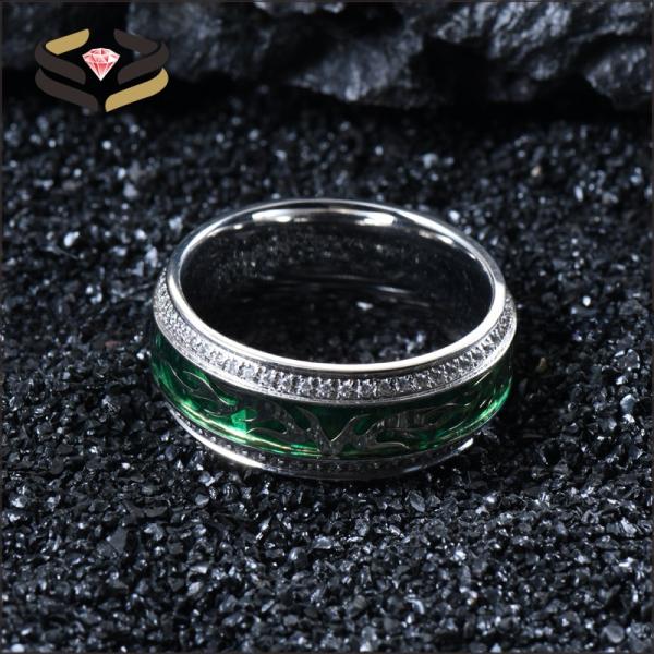 Hombres Plata Titanio Cubico Zirconia Anillo de Boda Con Nubes de Plata Y Incrustación de Foliu Verde