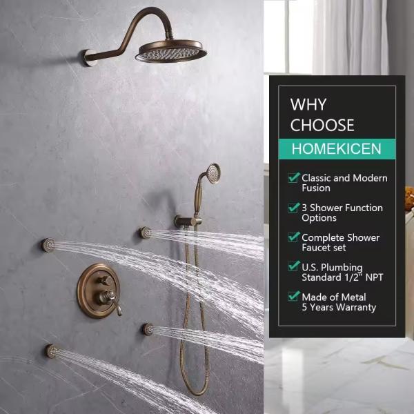 9 inch Rain Shower Head Antique Brass 3 Way Shower System Set for Exposed B S Faucet