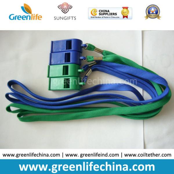 High Quality Eco-friendly Plastic PS Colorful Whistles 5.6x1.8cm with Green Lanyard 45cm Length