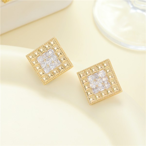 Jiexing Trendy Waffle Earrings 5A Zircon High Quality Women Earrings Square S925 Silver Needle Stud Earrings